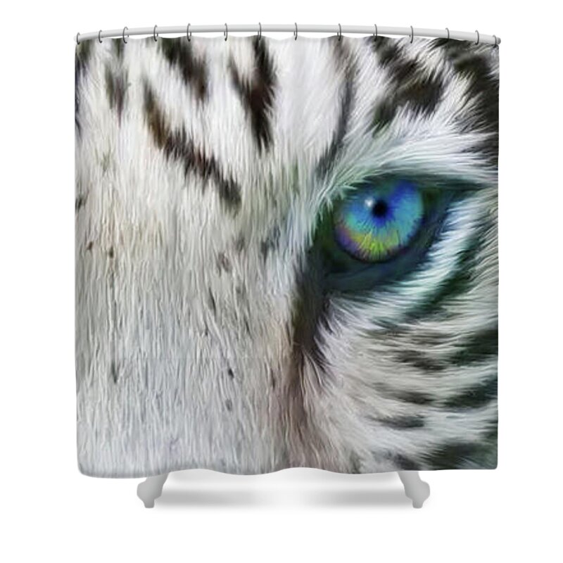 Tiger Shower Curtain featuring the mixed media Wild Eyes - White Tiger by Carol Cavalaris