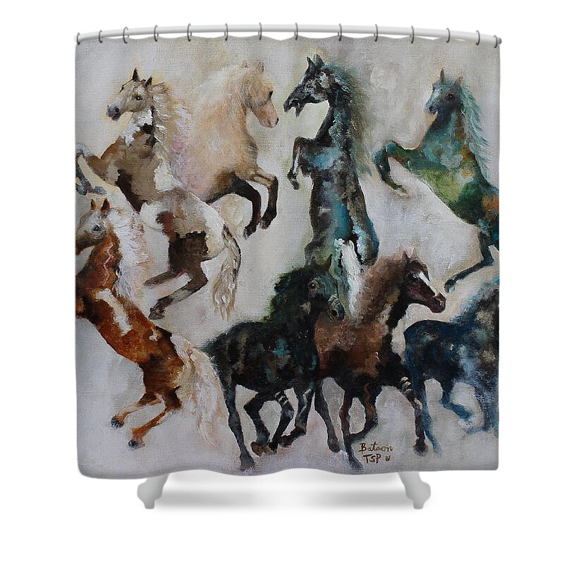 Wild Horses Shower Curtain featuring the painting Wild Horses Are Coming by Barbie Batson