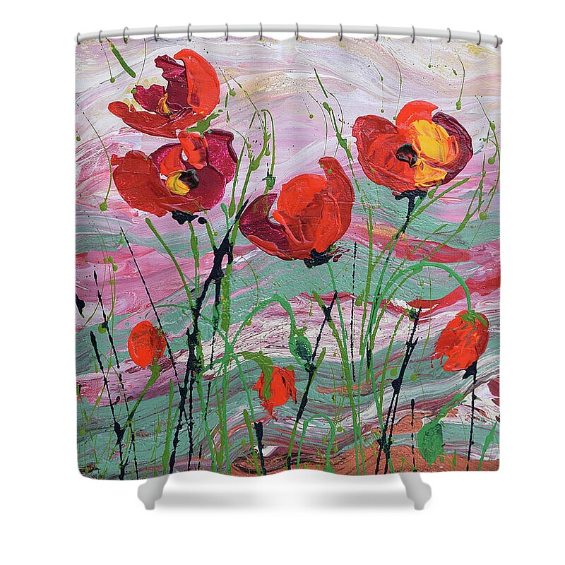 Wild Poppies - Triptych Shower Curtain featuring the painting Wild Poppies - 1 by Jyotika Shroff