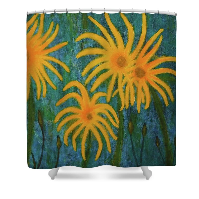 Yellow Shower Curtain featuring the painting Wild sunflowers by John Scates