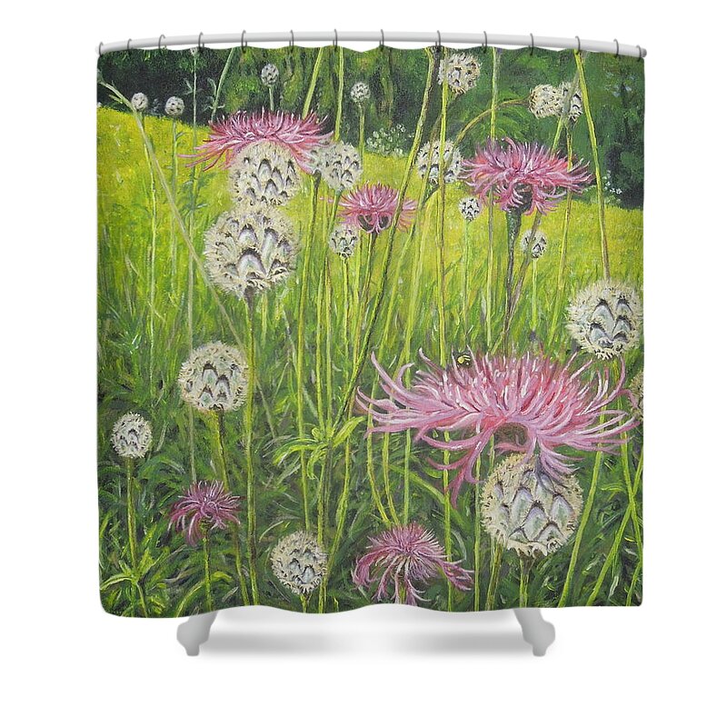 Art Shower Curtain featuring the painting Wild Thistles by Shirley Wellstead