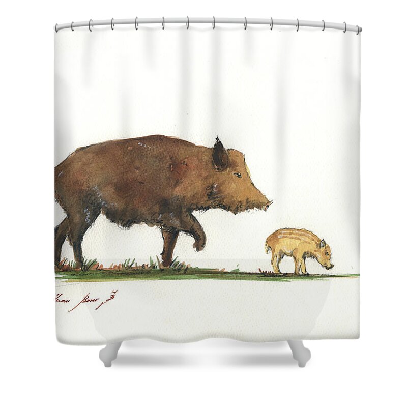 Wildboar Running Shower Curtain featuring the painting Wildboar Piglet by Juan Bosco