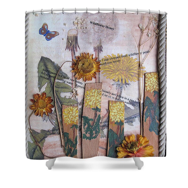 Collage Shower Curtain featuring the mixed media Wildflower Honey by Sandy McIntire