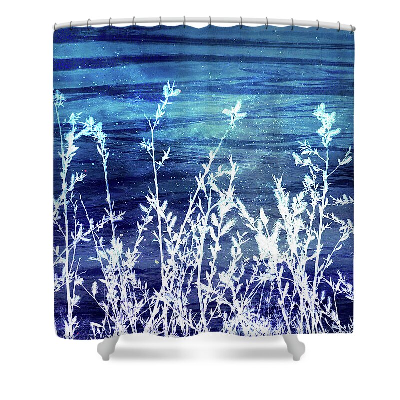 Wildflowers On Blue Shower Curtain featuring the digital art Wildflower Twilight by Shawna Rowe