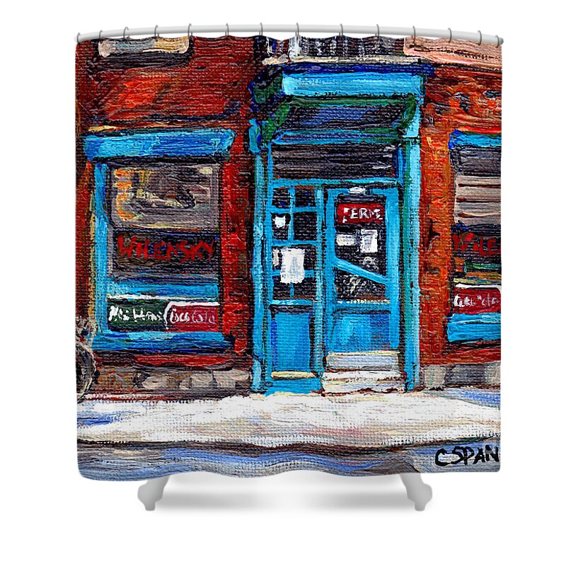 Montreal Shower Curtain featuring the painting Wilensky's Doorway With Bicycle Montreal Memories Best Original Canadian Paintings For Sale Cspandau by Carole Spandau