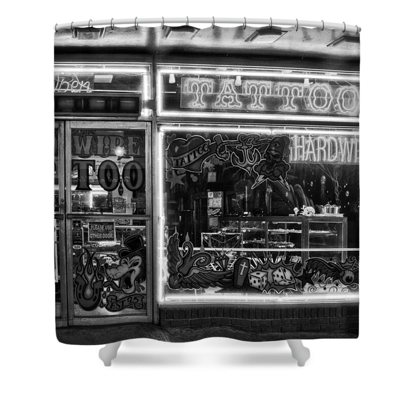 Hardwire Tattoo Shower Curtain featuring the photograph Wilmington Tattoo in Black and White by Greg and Chrystal Mimbs