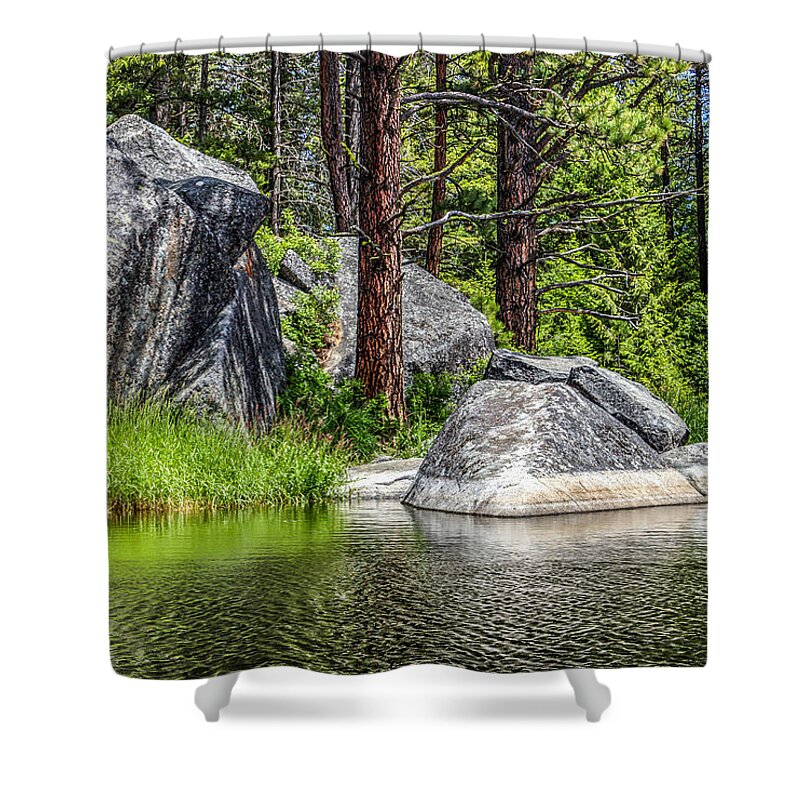 Winchester Idaho Lake Boulder Rocks Green Pine Trees Clear Water Hdr Ripples Drawing Shower Curtain featuring the photograph Winchester Lake Rocks by Brad Stinson
