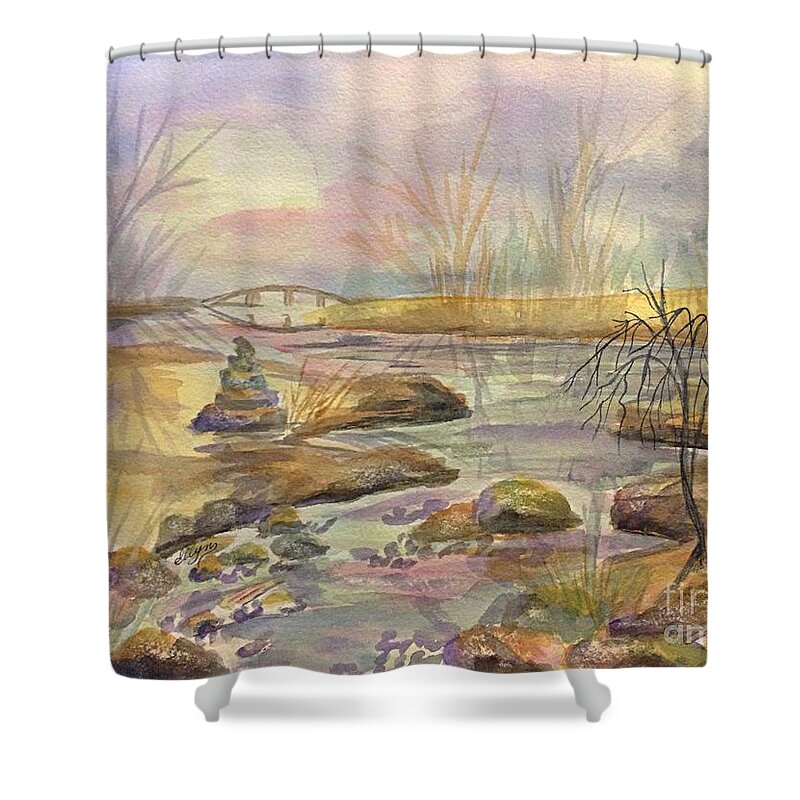 Landscape Painting Shower Curtain featuring the painting Bridge Over Quiet Waters by Ellen Levinson