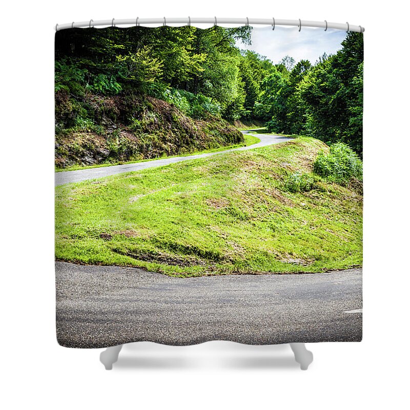 Boussenac Shower Curtain featuring the photograph Winding road with sharp bend going up the mountain by Semmick Photo