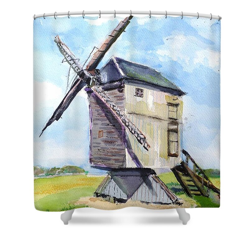 Windmill Shower Curtain featuring the painting Windmill in France by Saga Sabin