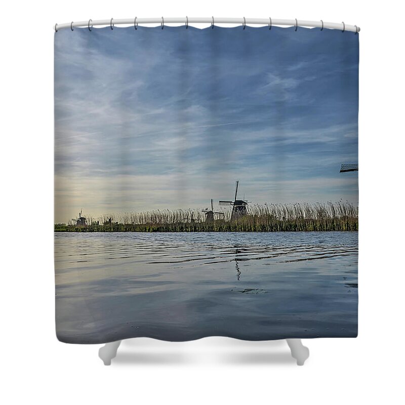 Kinderdijk Shower Curtain featuring the photograph Windmill Reflecting in Kinderdijk Canal by Frans Blok