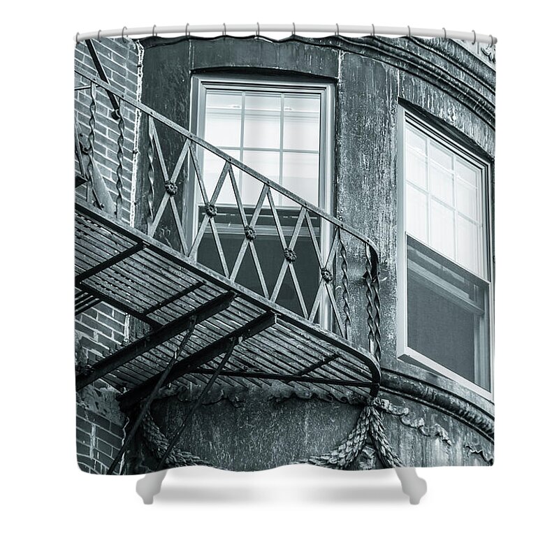 Fire Shower Curtain featuring the photograph Window escape BW by Jason Hughes