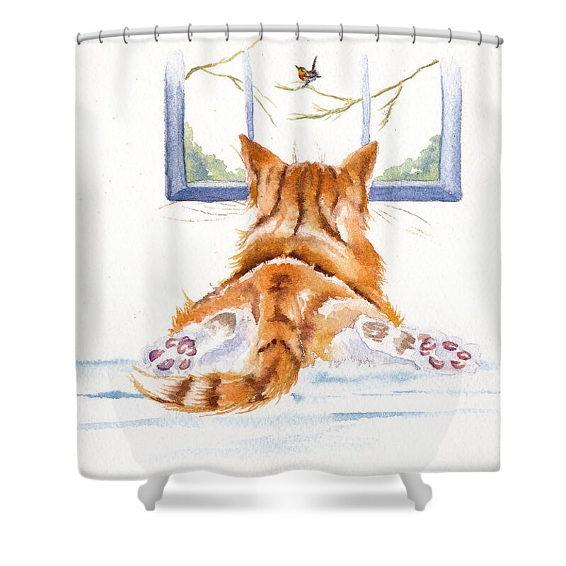 Cats Shower Curtain featuring the painting Cat - Window Shopping by Debra Hall