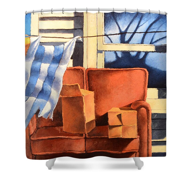 Couch Shower Curtain featuring the painting Window with couch and towels by Christopher Shellhammer