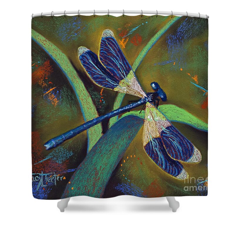 Damselfly Shower Curtain featuring the pastel Winds of Change by Tracy L Teeter 