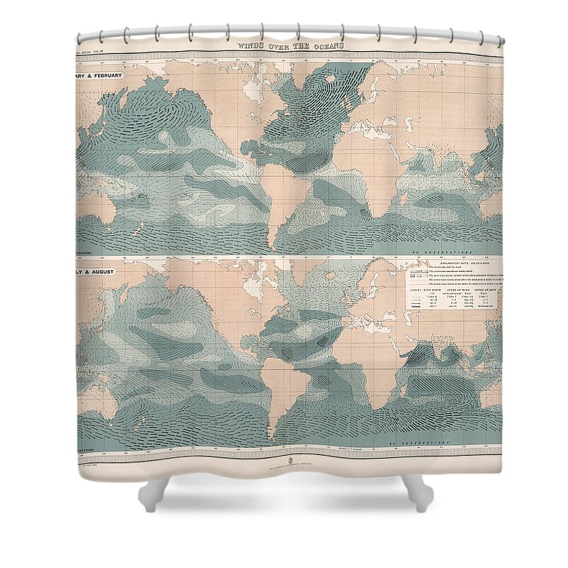 Geological Map Shower Curtain featuring the drawing Winds over the Oceans - Meteorological Map - Geological Map - Wind Direction and Speed Chart by Studio Grafiikka