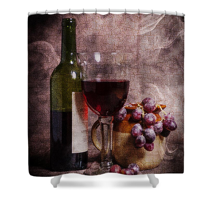 Wine Shower Curtain featuring the photograph Wine Bottle Glass Grapes And Jug Portrait Format With A Cracked by John Paul Cullen