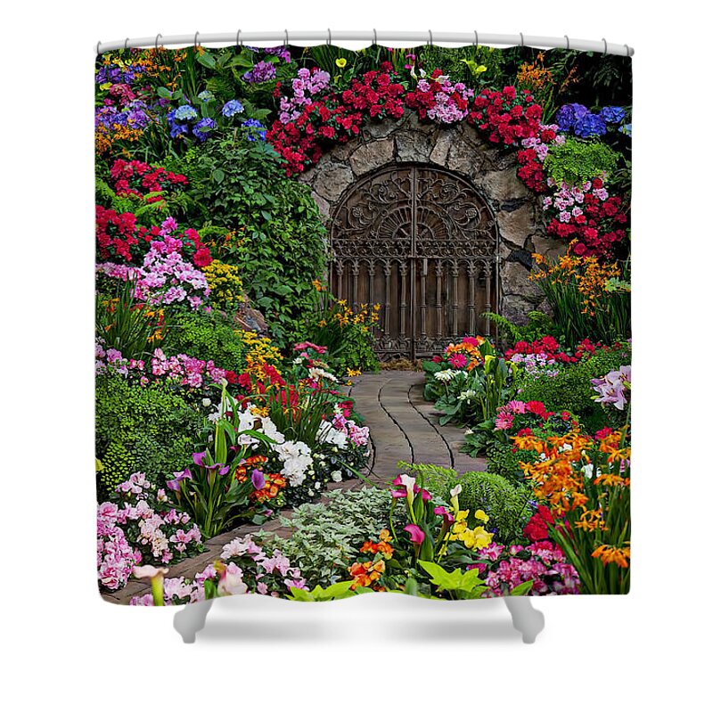 Flowers Shower Curtain featuring the photograph Wine celler gates by Garry Gay