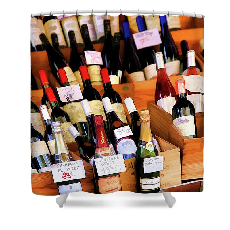 Wine Shower Curtain featuring the photograph Wine Display Open Market Paris by Chuck Kuhn