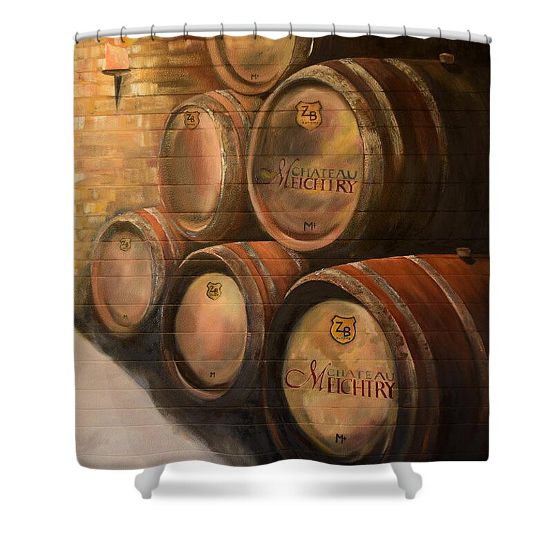 Hungarian Wine Barrels Shower Curtain featuring the painting Wine in the Barrels - Chateau Meichtry by Jan Dappen