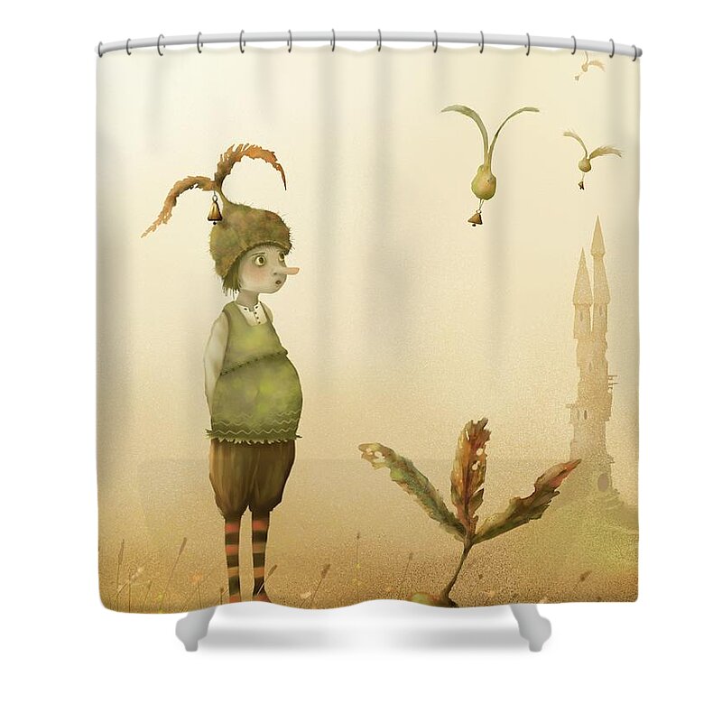 Fairy Chess Shower Curtain featuring the painting Wing-Nut, Morning Bells by Joe Gilronan
