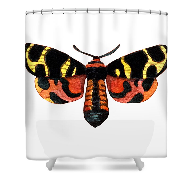 Tropical Shower Curtain featuring the painting Winged Jewels 5, Watercolor Moth Black Yellow Orange and Red Tropical by Audrey Jeanne Roberts