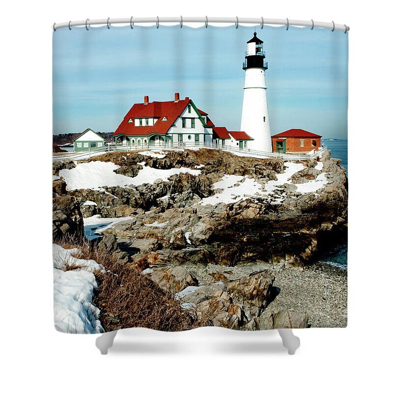 Coast Shower Curtain featuring the photograph Winter at Portland Head by Greg Fortier