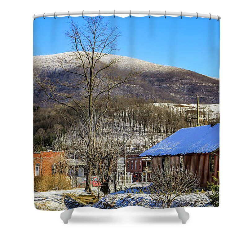 West Jefferson Nc Shower Curtain featuring the photograph Winter at the Depot #1 by Dale R Carlson