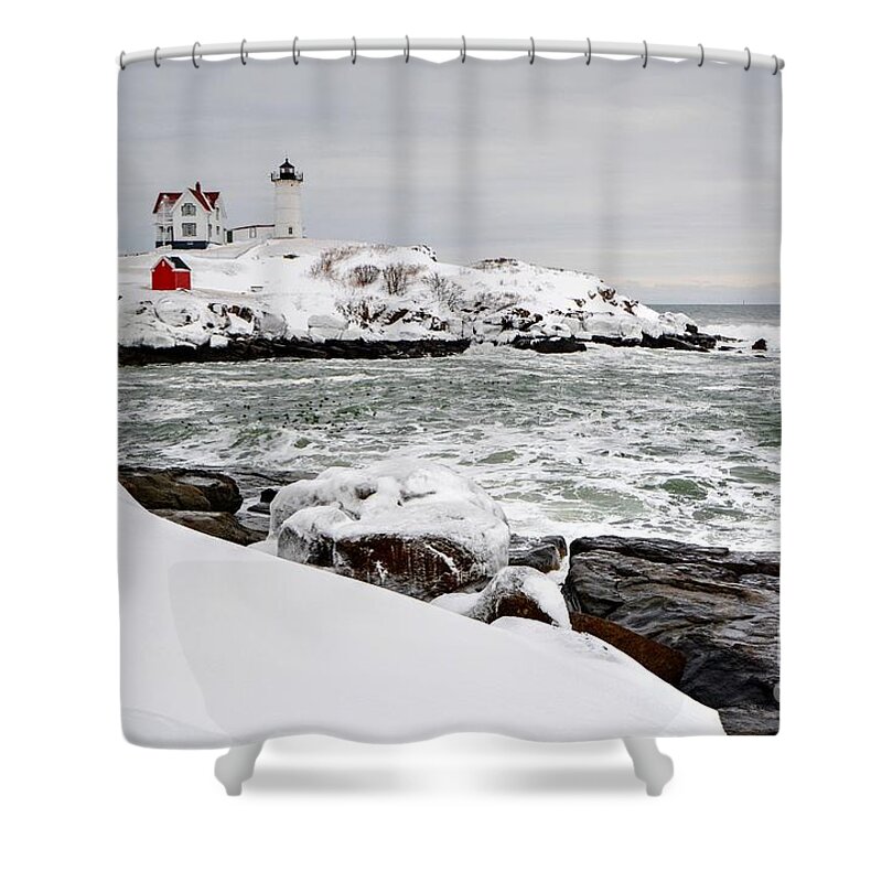 Nubble Lighthouse Shower Curtain featuring the photograph Winter at the Nubble by Steve Brown