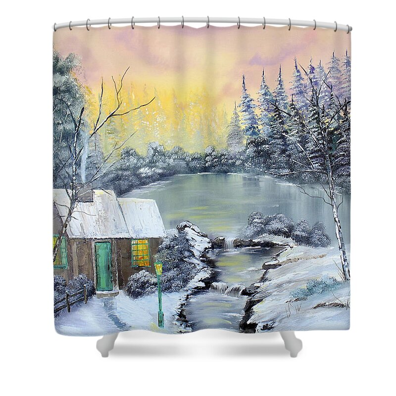 Winter Shower Curtain featuring the painting Winter Cabin by Kevin Brown