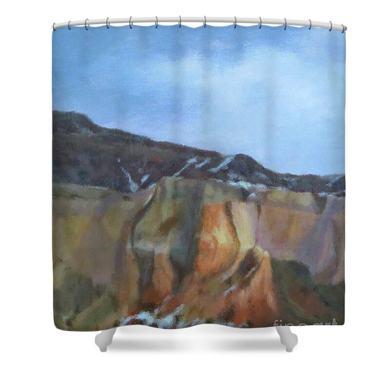 Northern New Mexico Shower Curtain featuring the painting Winter Colors at Abiquiu by Phyllis Andrews