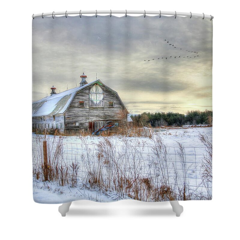 Barn Shower Curtain featuring the digital art Winter Days in Vermont by Sharon Batdorf