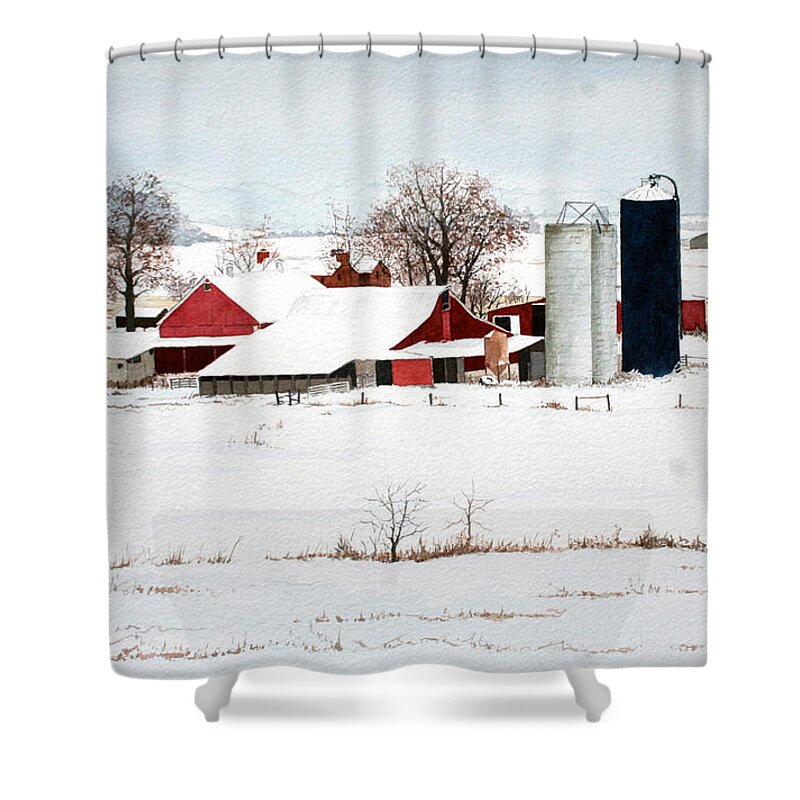 Winter Shower Curtain featuring the painting Red Barns and Blue Silos by Jim Gerkin