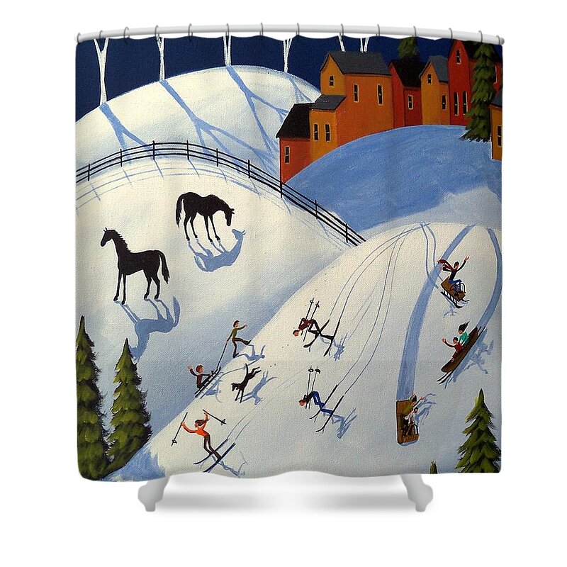 Folk Art Shower Curtain featuring the painting Winter Fun Day - folk art landscape by Debbie Criswell