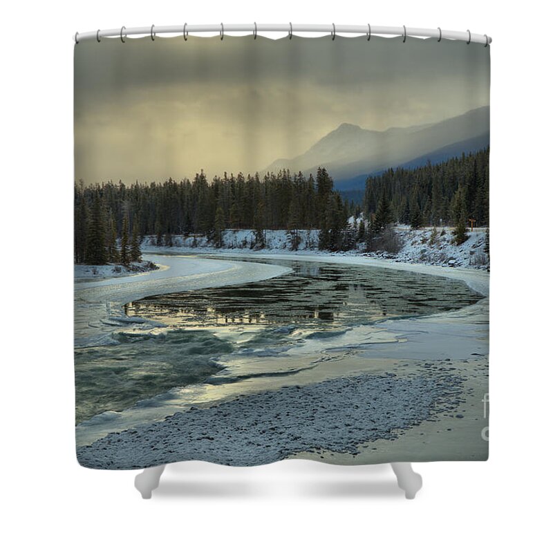 Jasper National Park Shower Curtain featuring the photograph Winter Golden Glow Over The Athabasca by Adam Jewell