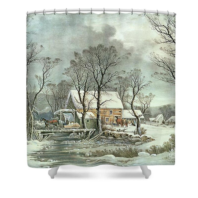 Winter In The Country - The Old Grist Mill Shower Curtain featuring the painting Winter in the Country - the Old Grist Mill by Currier and Ives