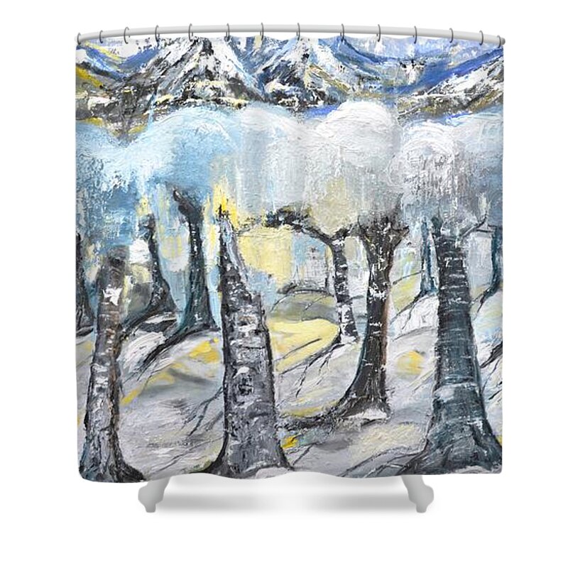 Mountains Shower Curtain featuring the painting Winter in the Woods by Evelina Popilian