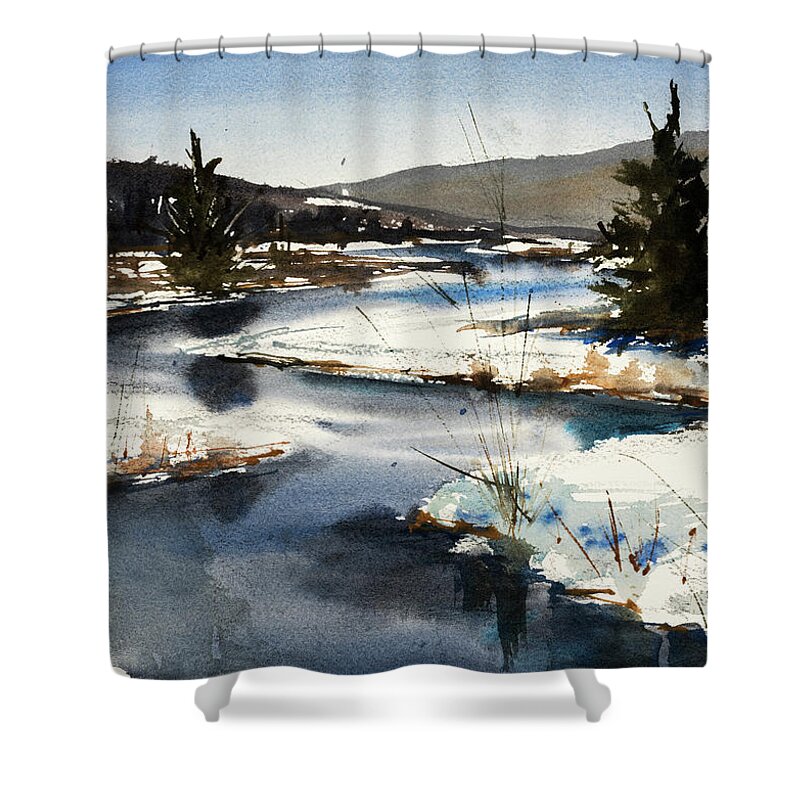 This Is One Of My Favorite Spots In Old Forge Ny. It's The View From Green Bridge Of The Moose River. I've Painted It In Every Season. This Is Actually April Shower Curtain featuring the painting Winter Moose by Judith Levins