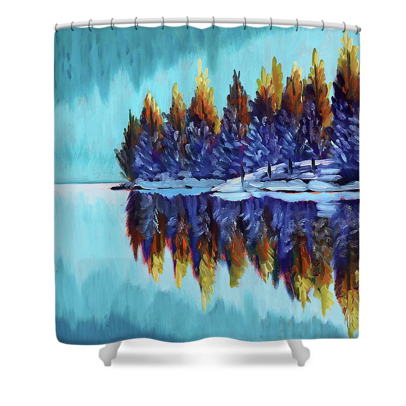 Winter Shower Curtain featuring the painting Winter - Mountain Lake by Kevin Hughes