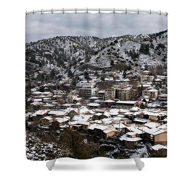 Winter Shower Curtain featuring the photograph Winter mountain village landscape with snow by Michalakis Ppalis