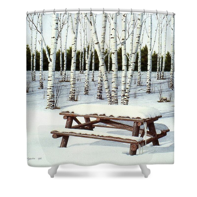 Birch-trees Shower Curtain featuring the painting Winter Pcnic by Conrad Mieschke