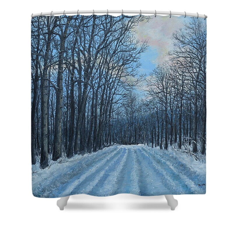 Forest Road Shower Curtain featuring the painting Winter Road to the Gas Well by Kathleen McDermott