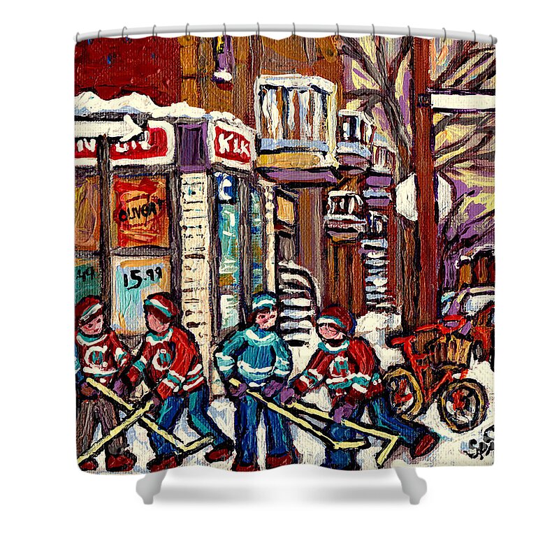Montreal Shower Curtain featuring the painting Winter Scene Hockey Painting Verdun Depanneur Kik Cola Bicycle Montreal Canadian Art Carole Spandau by Carole Spandau