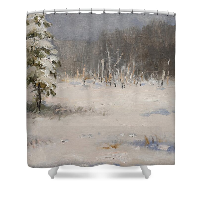 Winter Shower Curtain featuring the painting Winter Stillness. Fragment by Valentina Kondrashova