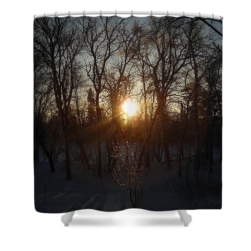 Winter Shower Curtain featuring the photograph Winter Sunrise Between Trees by Kent Lorentzen
