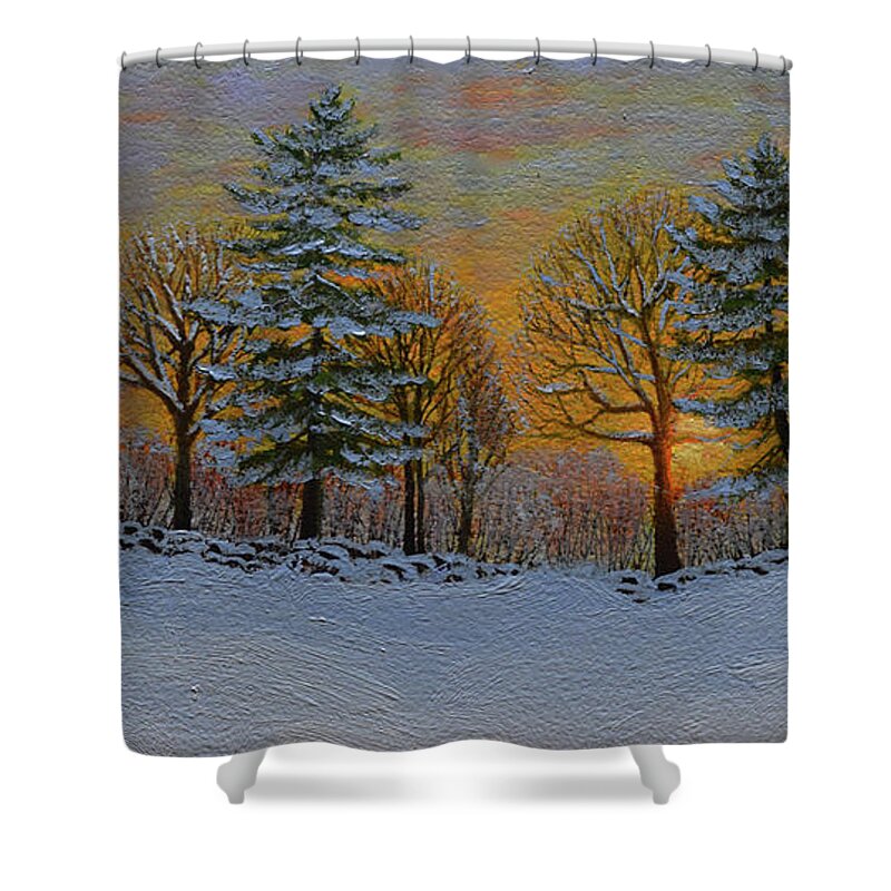 Winter Sunset Shower Curtain featuring the painting Winter Sunset by Frank Wilson