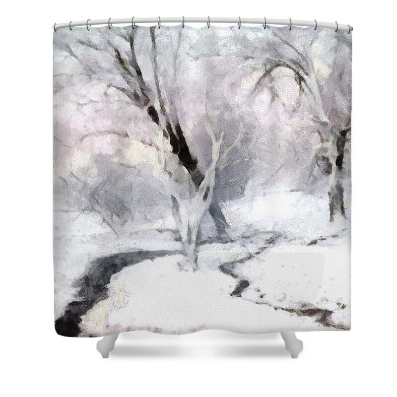 Winter Trees Field Meadow Cold Snow Snowy Landscape Frozen Sunset Sunrise Stream Creek Thaw Forest Woods Shower Curtain featuring the digital art Winter Trees by Frances Miller