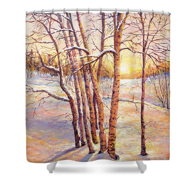 Winter Shower Curtain featuring the painting Winter Trees Sunrise by Lou Ann Bagnall