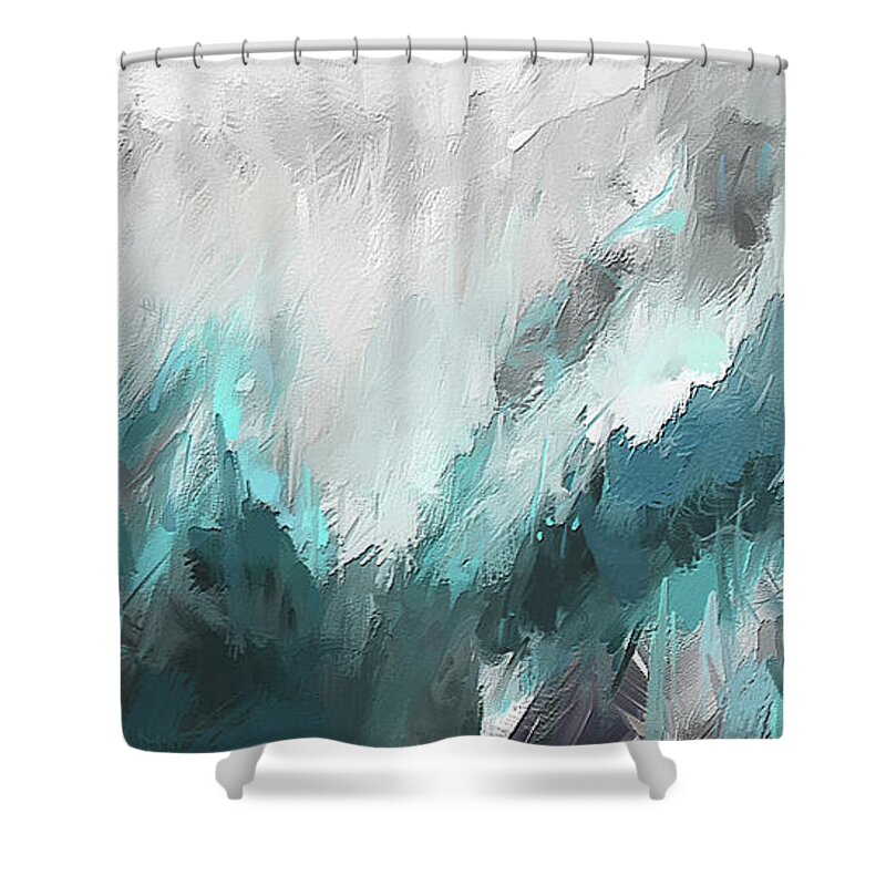 Ight Blue Shower Curtain featuring the painting Wintery Mountain- Turquoise and Gray modern Artwork by Lourry Legarde