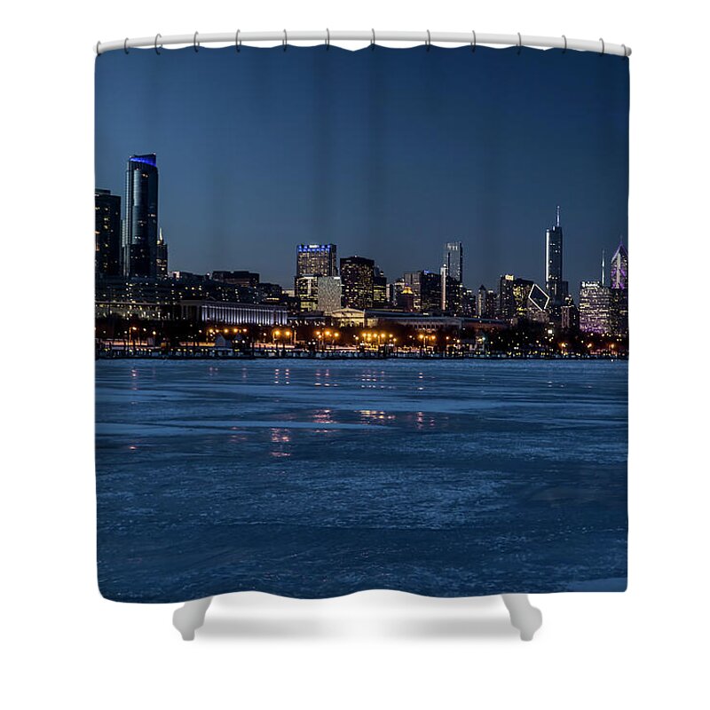 Chicago Skyline Shower Curtain featuring the photograph Wintry Chicago Skyline at dusk by Sven Brogren